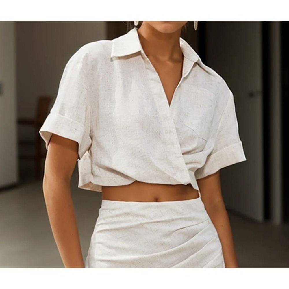 Micas Oatmeal Linen Look Cropped Wrap Blouse Short Sleeve Collared Top XL‎ NWT